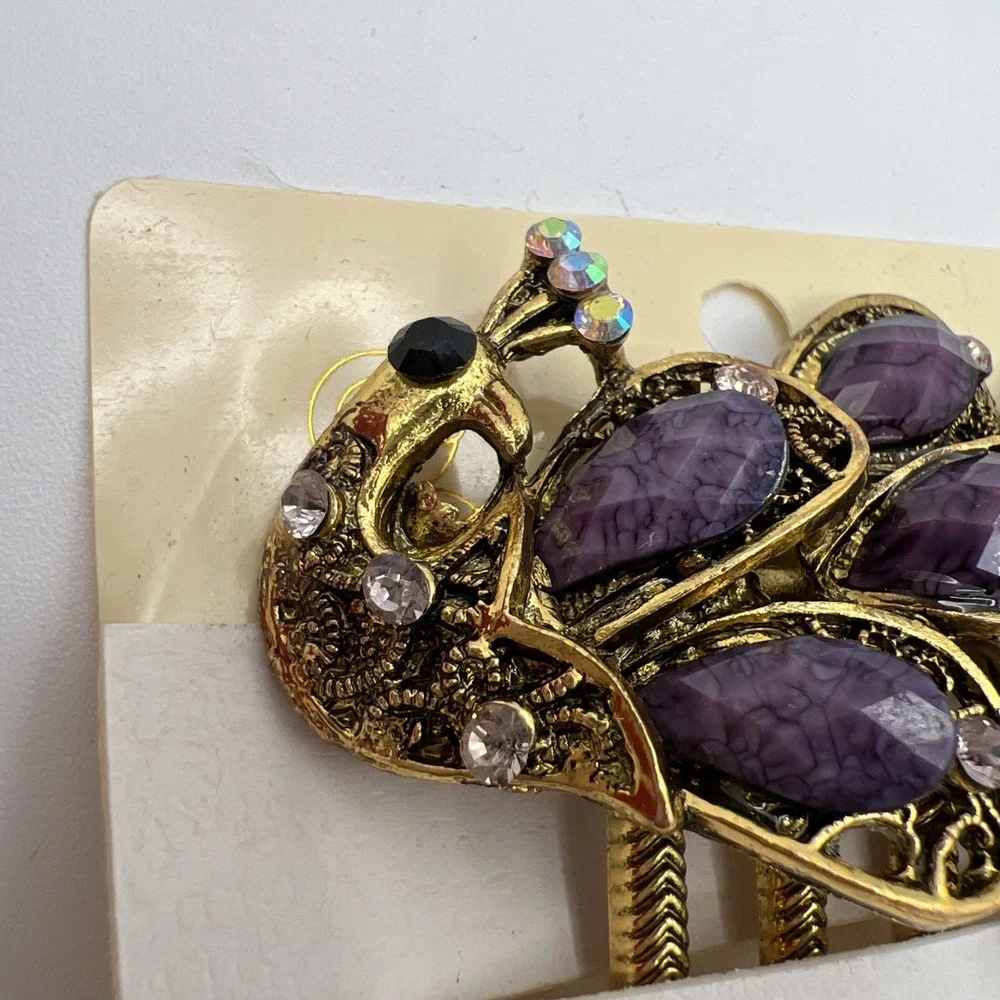 Peacock beads & Rhinestones Hair Comb purple , black and AB‎ gold tone